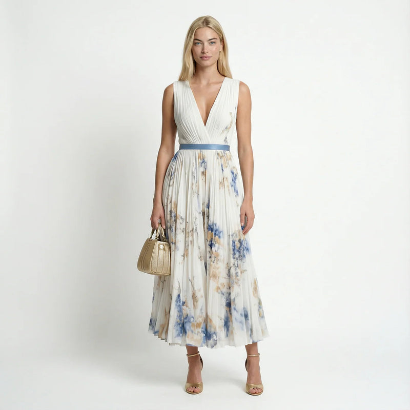 Floral Pleated V-Neck Sleeveless Maxi Dress | Serene Collection 0