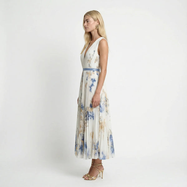 Floral Pleated V-Neck Sleeveless Maxi Dress | Serene Collection 1