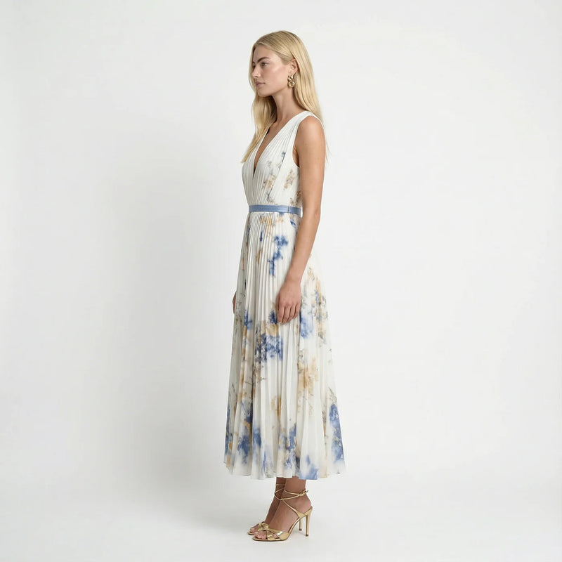 Floral Pleated V-Neck Sleeveless Maxi Dress | Serene Collection 1