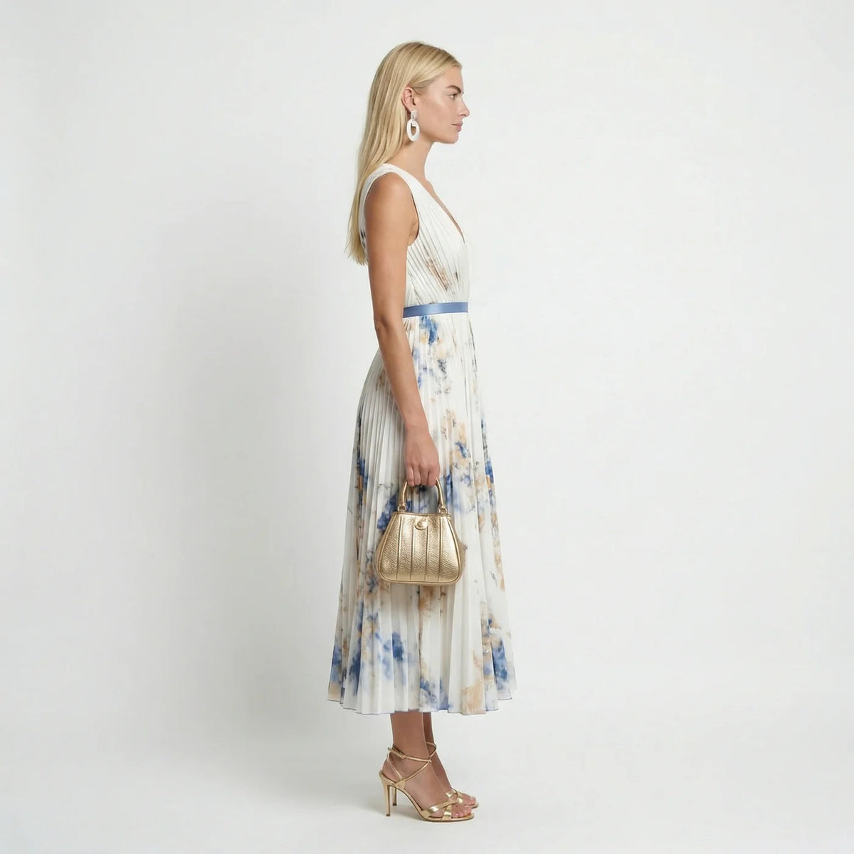 Floral Pleated V-Neck Sleeveless Maxi Dress | Serene Collection 2