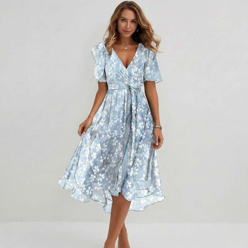Floral Print V-Neck Flutter Sleeve Wrap Midi Wedding Guest Dress | Willow Collection 0