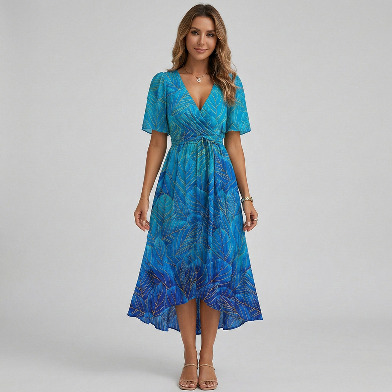 Floral Print V-Neck Flutter Sleeve Wrap Midi Wedding Guest Dress | Willow Collection 1