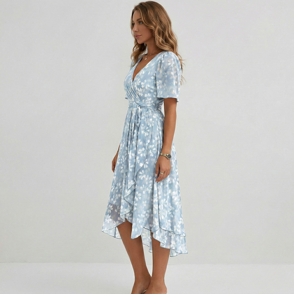 Floral Print V-Neck Flutter Sleeve Wrap Midi Wedding Guest Dress | Willow Collection 3