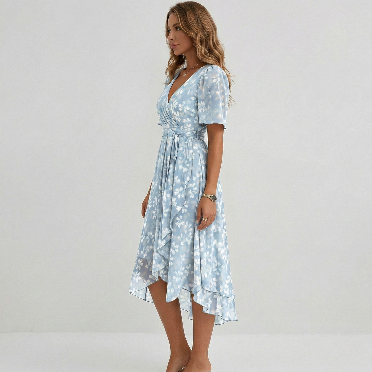 Floral Print V-Neck Flutter Sleeve Wrap Midi Wedding Guest Dress | Willow Collection 3