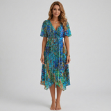Floral Print V-Neck Flutter Sleeve Wrap Midi Wedding Guest Dress | Willow Collection 4