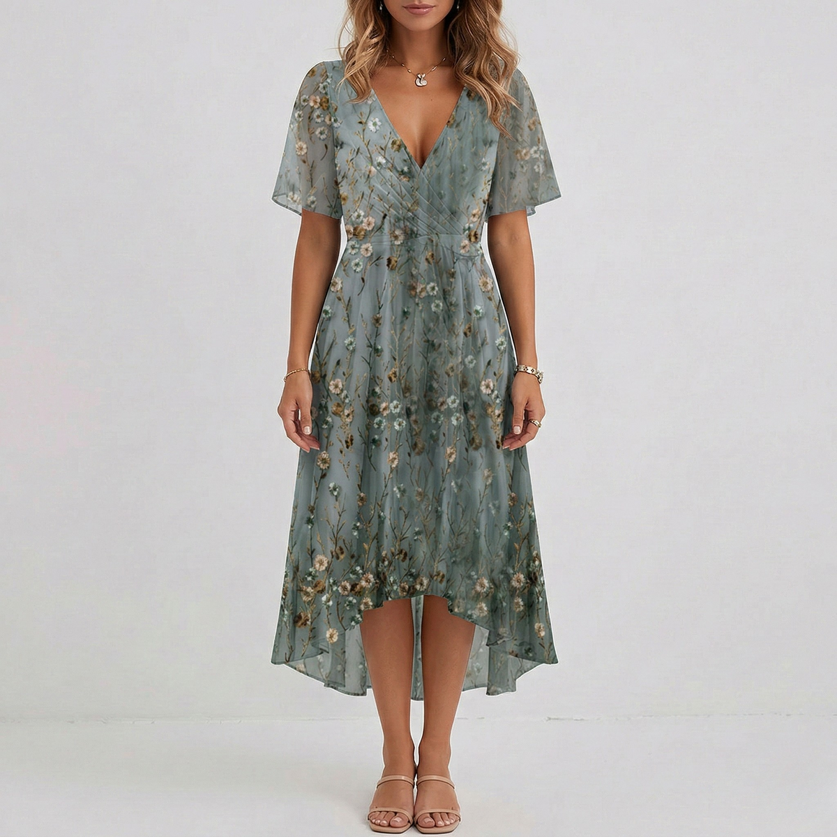 Floral Print V-Neck Flutter Sleeve Wrap Midi Wedding Guest Dress | Willow Collection 5