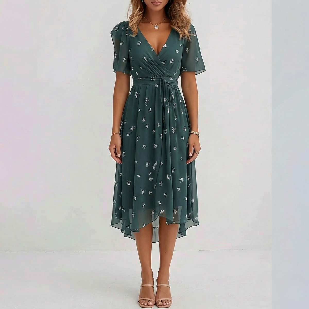Floral Print V-Neck Flutter Sleeve Wrap Midi Wedding Guest Dress | Willow Collection 6