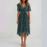 Floral Print V-Neck Flutter Sleeve Wrap Midi Wedding Guest Dress | Willow Collection 6