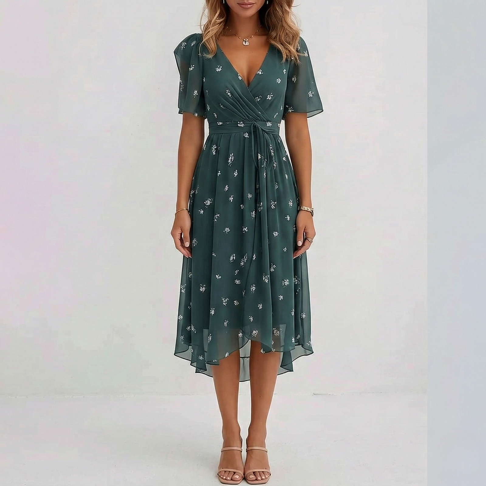 Floral Print V-Neck Flutter Sleeve Wrap Midi Wedding Guest Dress | Willow Collection 6