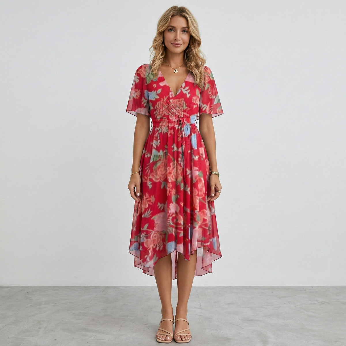 Floral Print V-Neck Flutter Sleeve Wrap Midi Wedding Guest Dress | Willow Collection 8