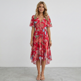 Floral Print V-Neck Flutter Sleeve Wrap Midi Wedding Guest Dress | Willow Collection 8