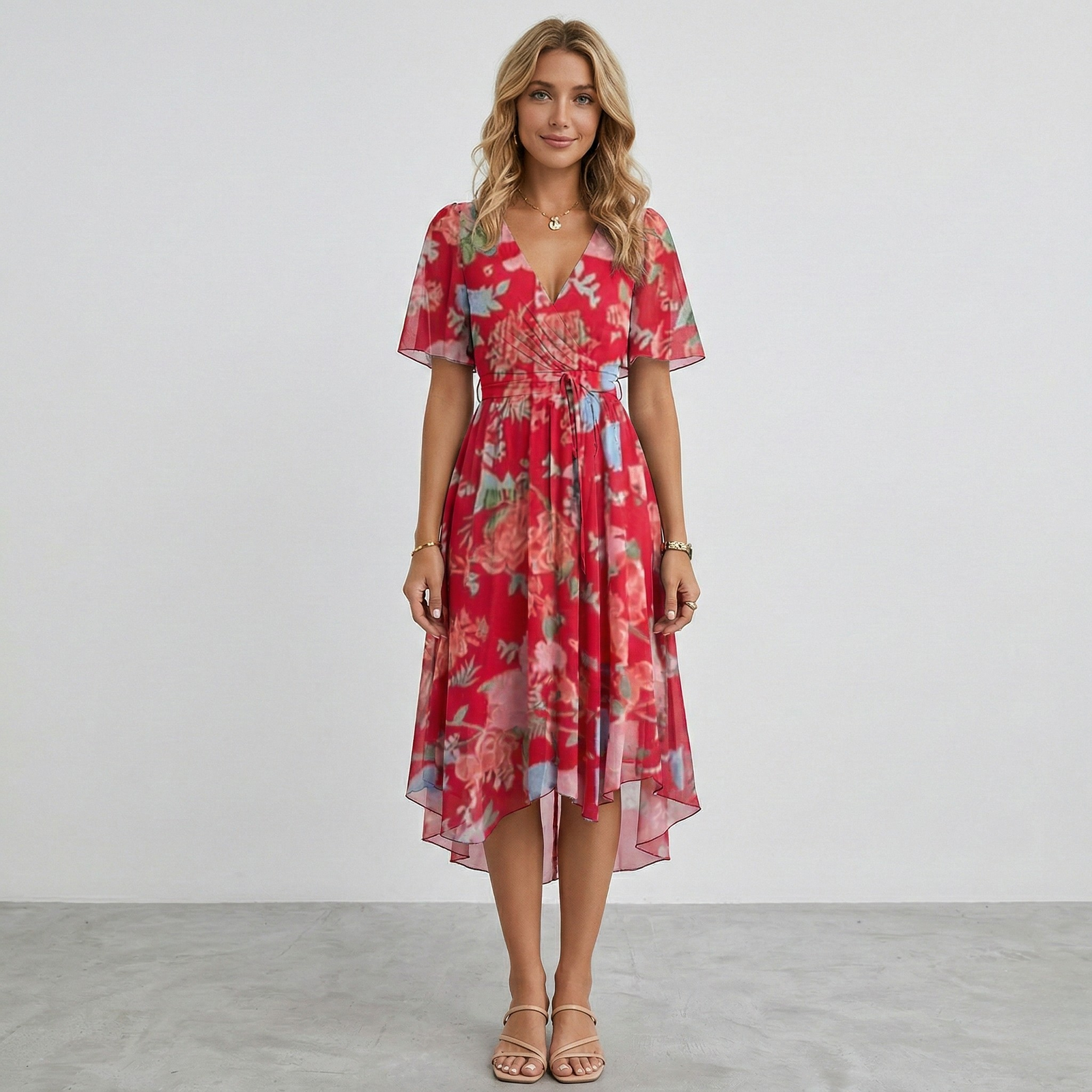 Floral Print V-Neck Flutter Sleeve Wrap Midi Wedding Guest Dress | Willow Collection 8