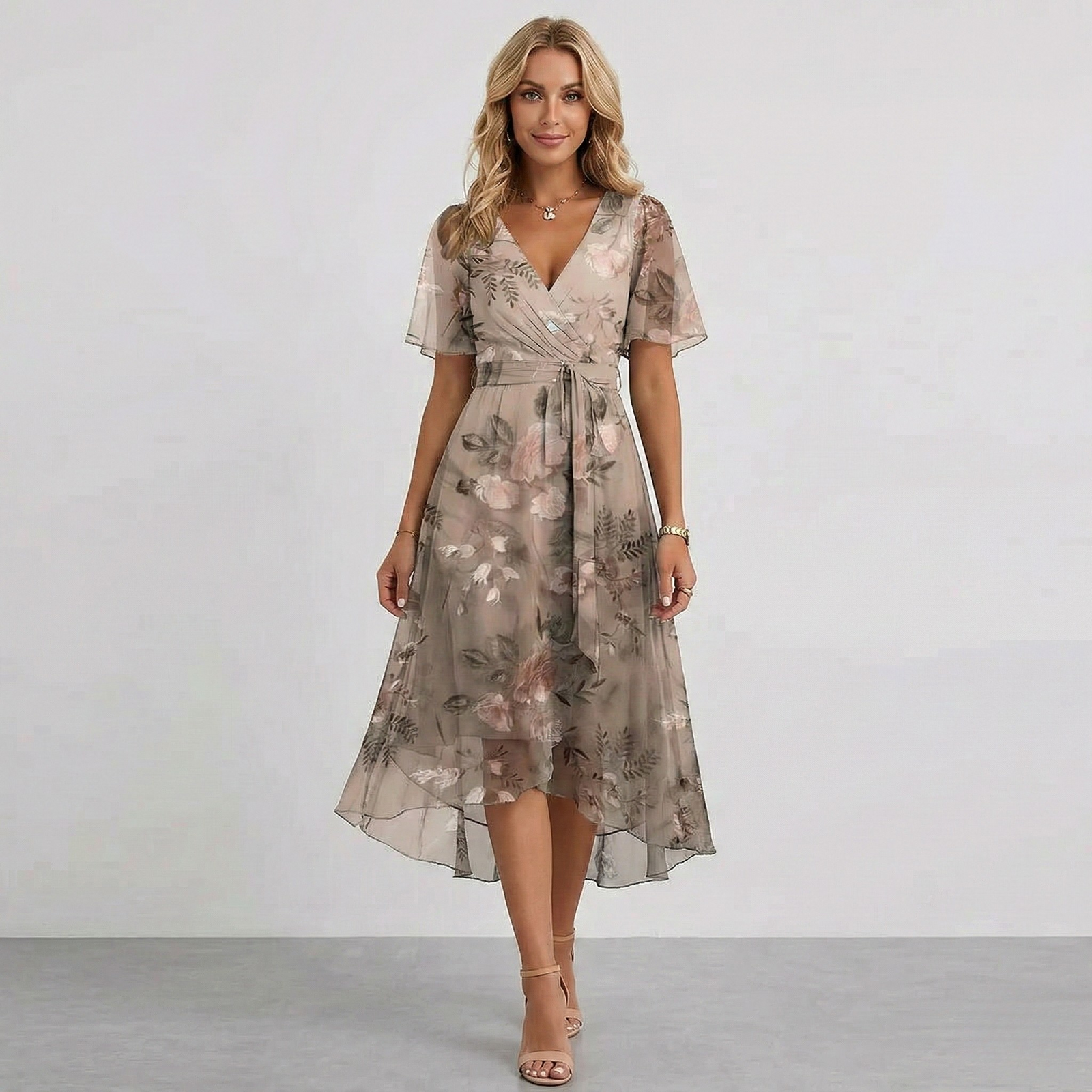 Floral Print V-Neck Flutter Sleeve Wrap Midi Wedding Guest Dress | Willow Collection 9