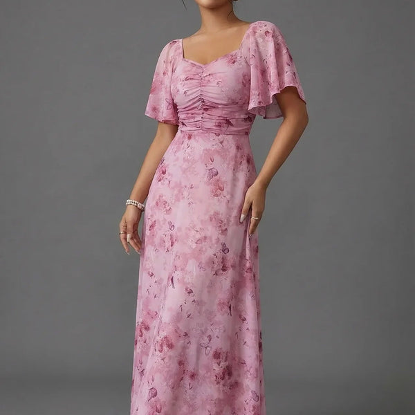 Floral Printed Sweetheart Neck Flutter Sleeve Maxi Wedding Guest Dress | Willow Collection 0