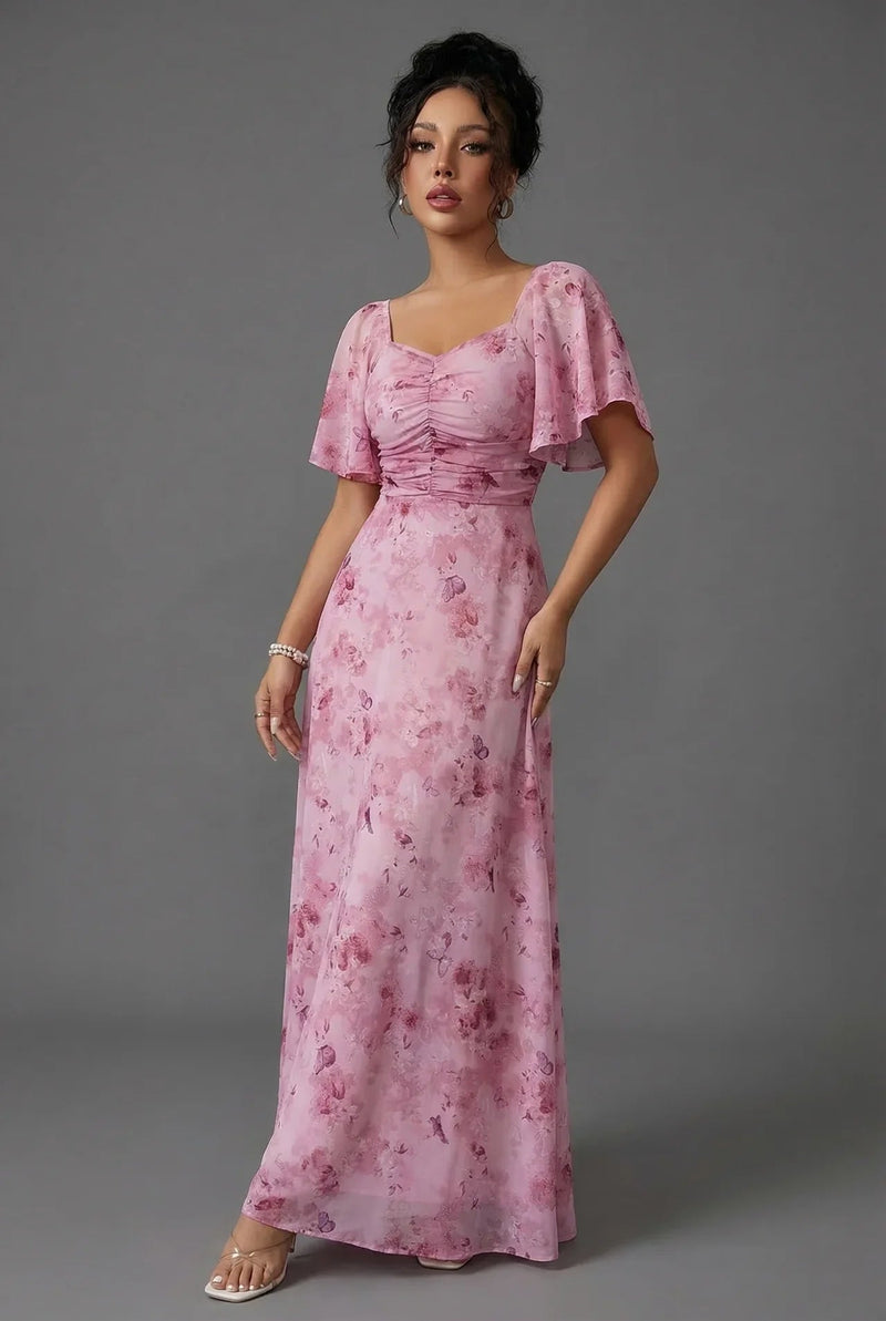 Floral Printed Sweetheart Neck Flutter Sleeve Maxi Wedding Guest Dress | Willow Collection 0
