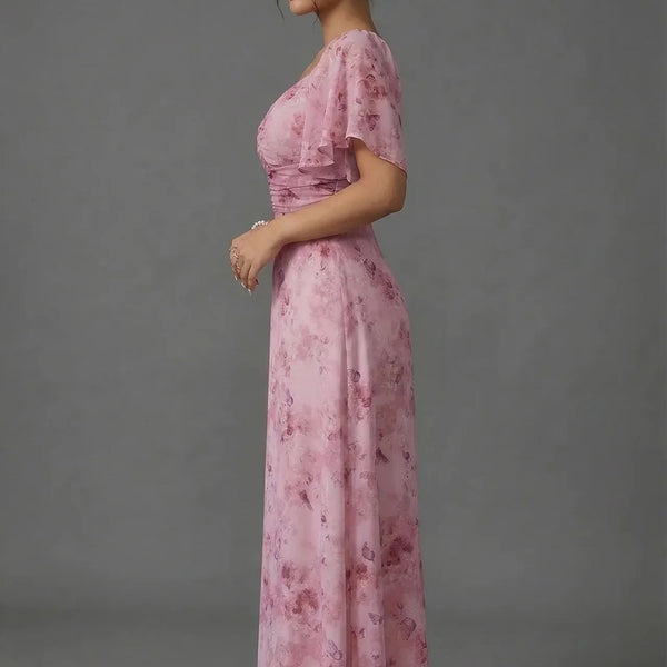 Floral Printed Sweetheart Neck Flutter Sleeve Maxi Wedding Guest Dress | Willow Collection 1
