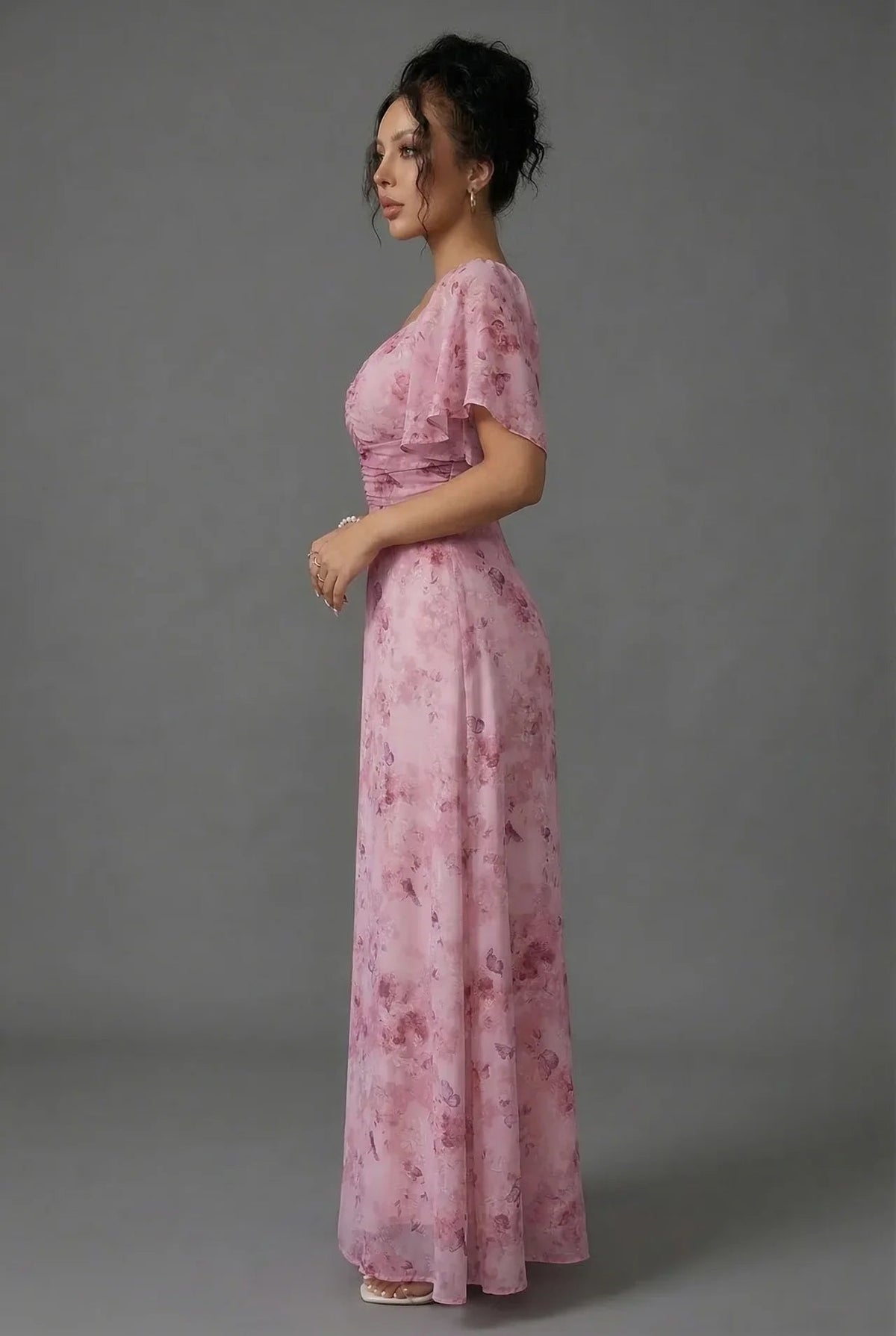 Floral Printed Sweetheart Neck Flutter Sleeve Maxi Wedding Guest Dress | Willow Collection 1