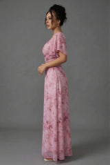 Floral Printed Sweetheart Neck Flutter Sleeve Maxi Wedding Guest Dress | Willow Collection 1