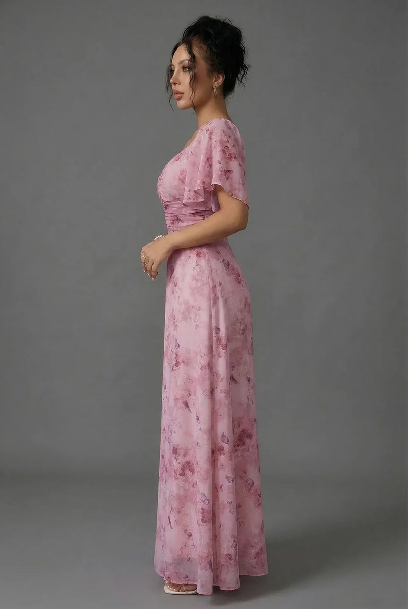Floral Printed Sweetheart Neck Flutter Sleeve Maxi Wedding Guest Dress | Willow Collection 1