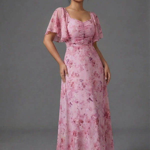 Floral Printed Sweetheart Neck Flutter Sleeve Maxi Wedding Guest Dress | Willow Collection 3