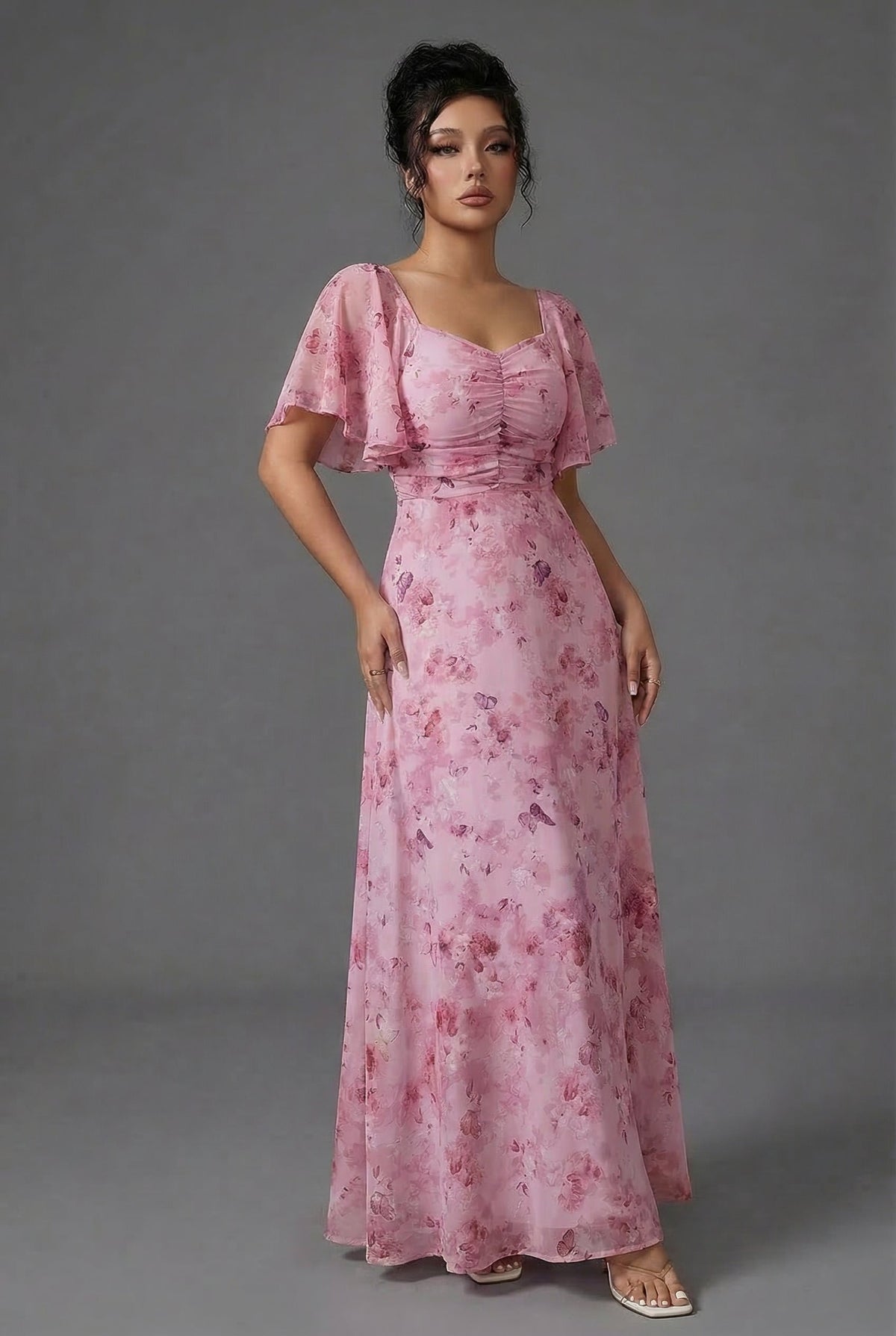 Floral Printed Sweetheart Neck Flutter Sleeve Maxi Wedding Guest Dress | Willow Collection 3