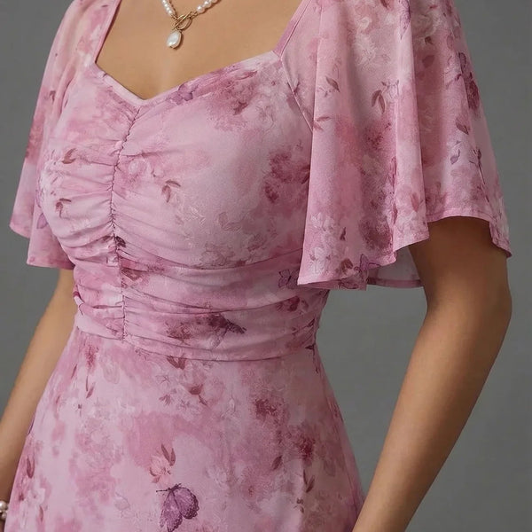 Floral Printed Sweetheart Neck Flutter Sleeve Maxi Wedding Guest Dress | Willow Collection 4