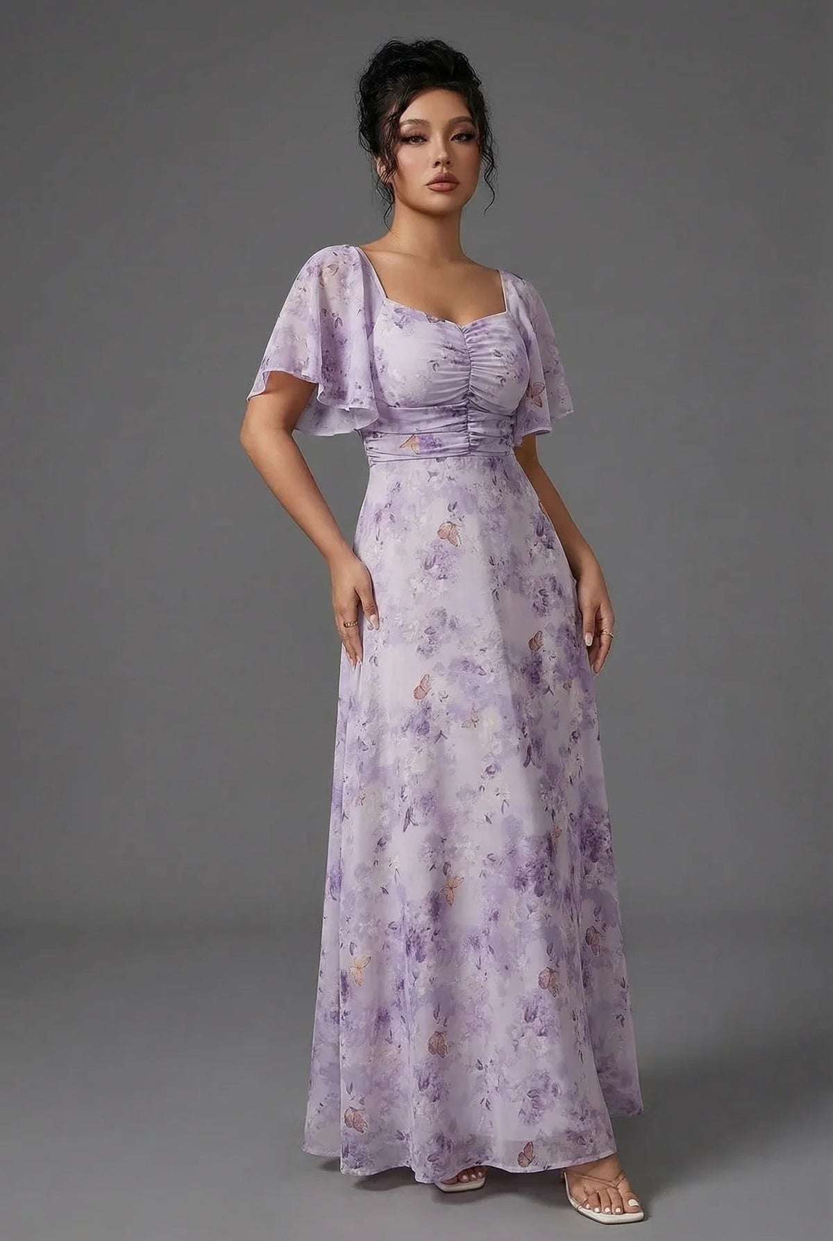 Floral Printed Sweetheart Neck Flutter Sleeve Maxi Wedding Guest Dress | Willow Collection 5