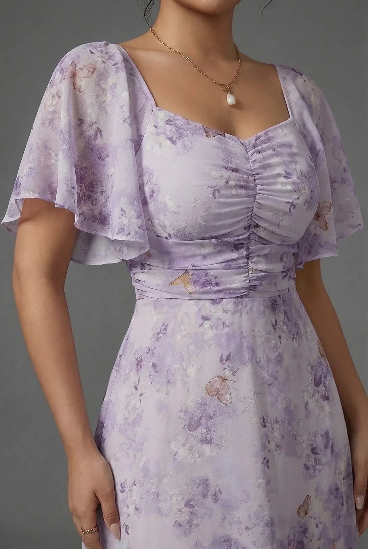 Floral Printed Sweetheart Neck Flutter Sleeve Maxi Wedding Guest Dress | Willow Collection 7