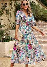 Floral Puff Sleeve V-Neck A-Line Summer Dress | Finesse Collection 0