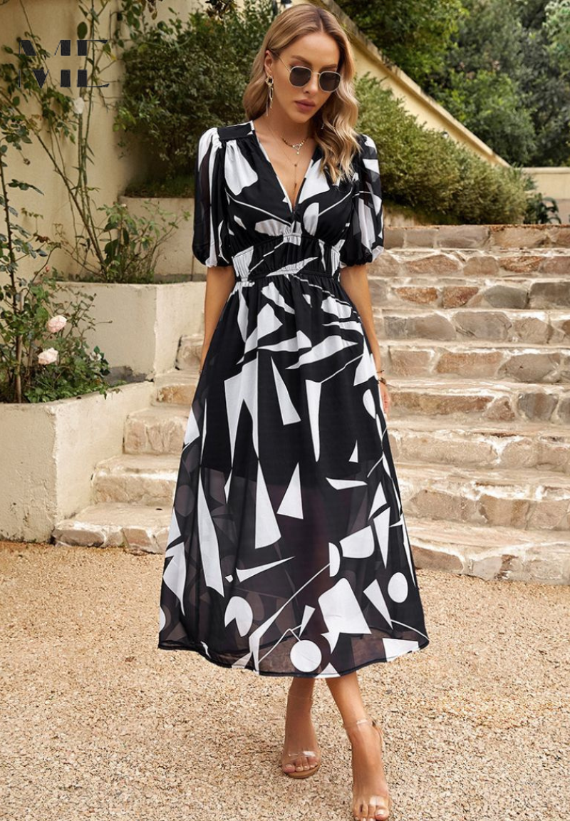 Floral Puff Sleeve V-Neck A-Line Summer Dress | Finesse Collection 10