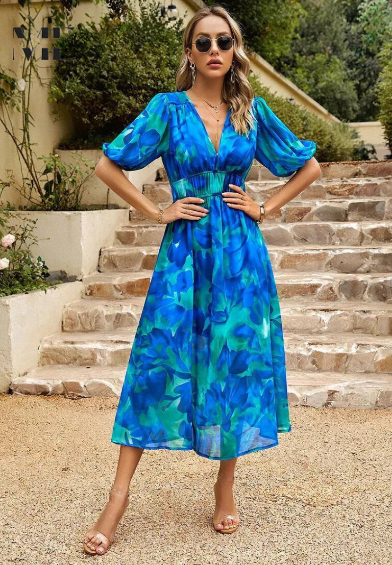 Floral Puff Sleeve V-Neck A-Line Summer Dress | Finesse Collection 4