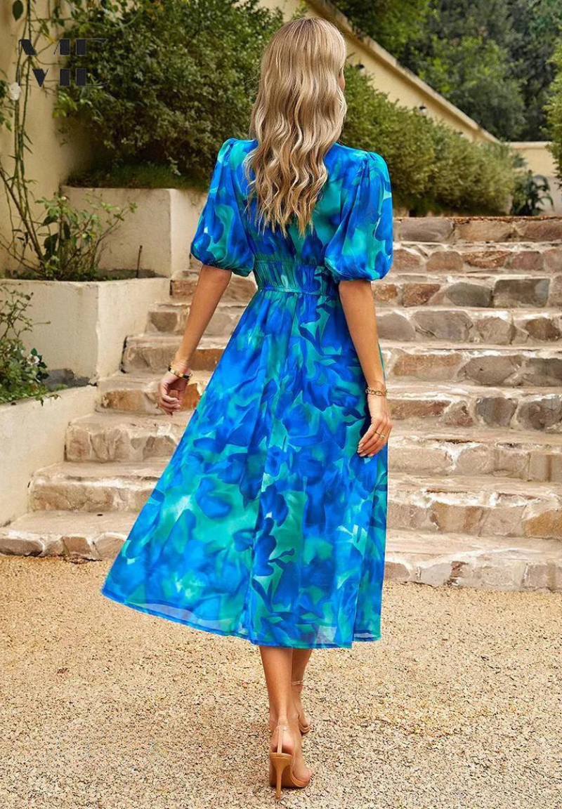 Floral Puff Sleeve V-Neck A-Line Summer Dress | Finesse Collection 6