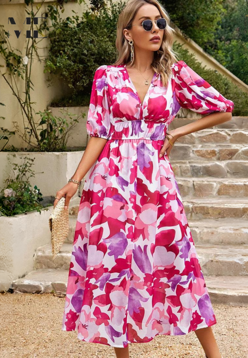 Floral Puff Sleeve V-Neck A-Line Summer Dress | Finesse Collection 9