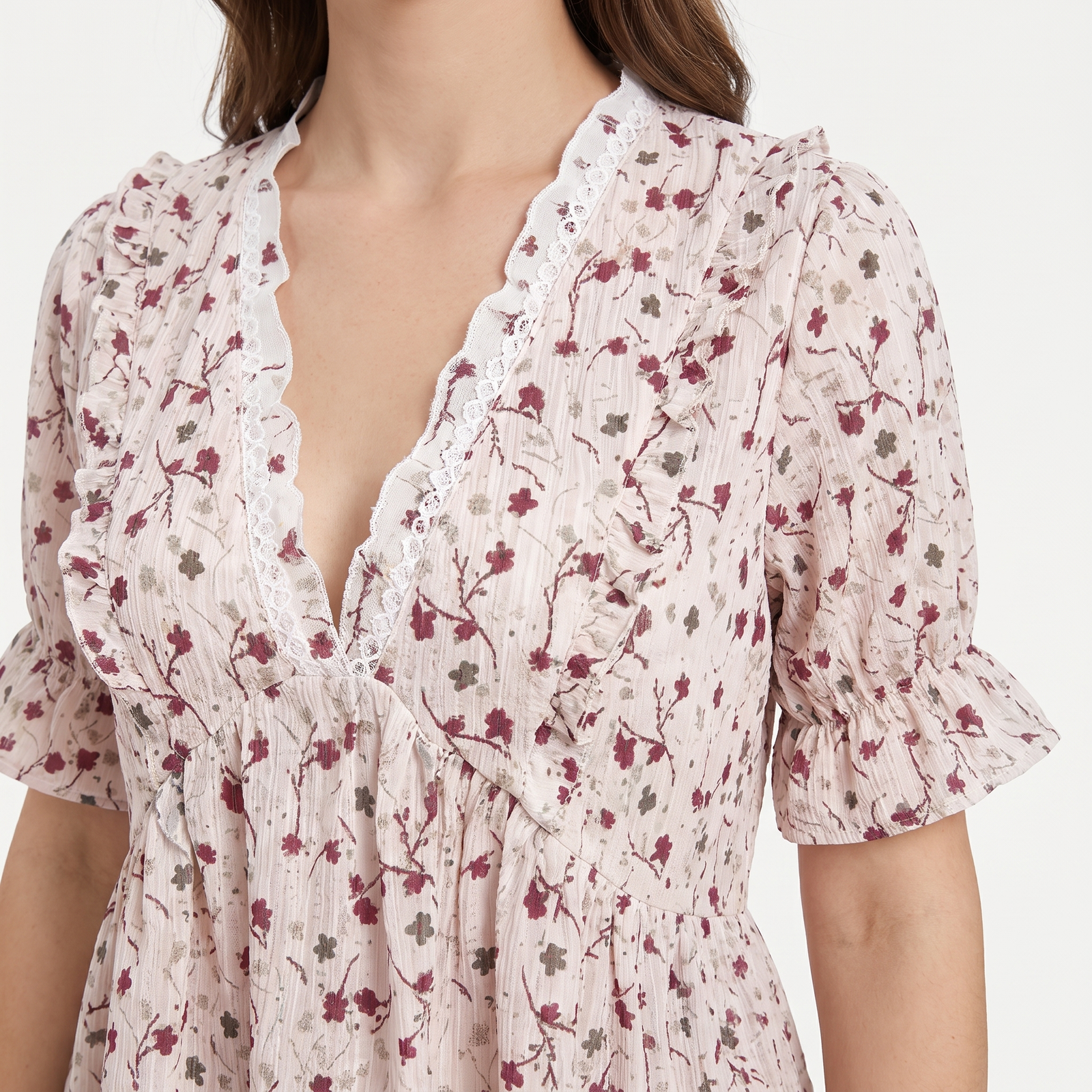Floral Ruffle V-Neck Half Sleeve Relaxed Blouse | Crescia Collection 0