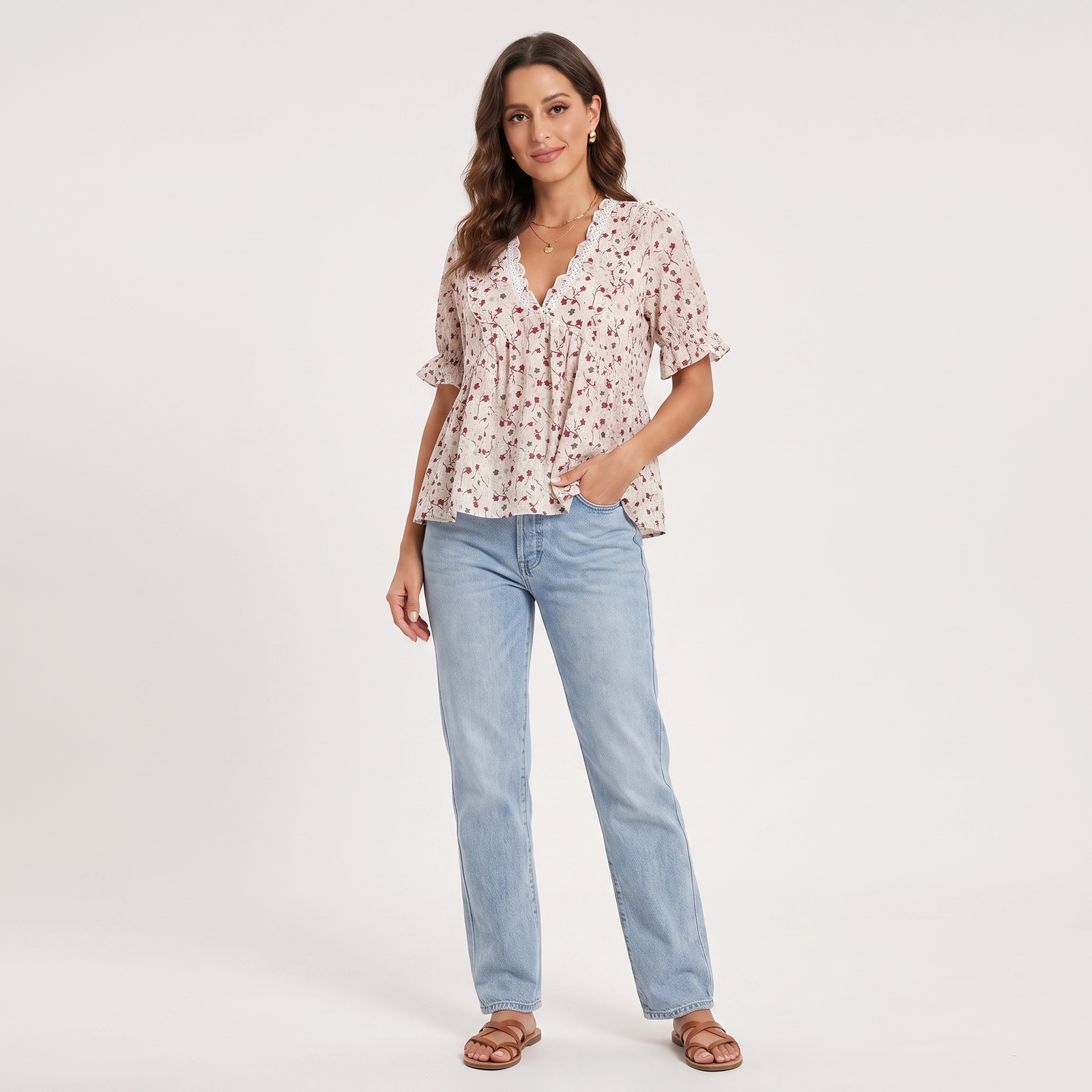 Floral Ruffle V-Neck Half Sleeve Relaxed Blouse | Crescia Collection 1