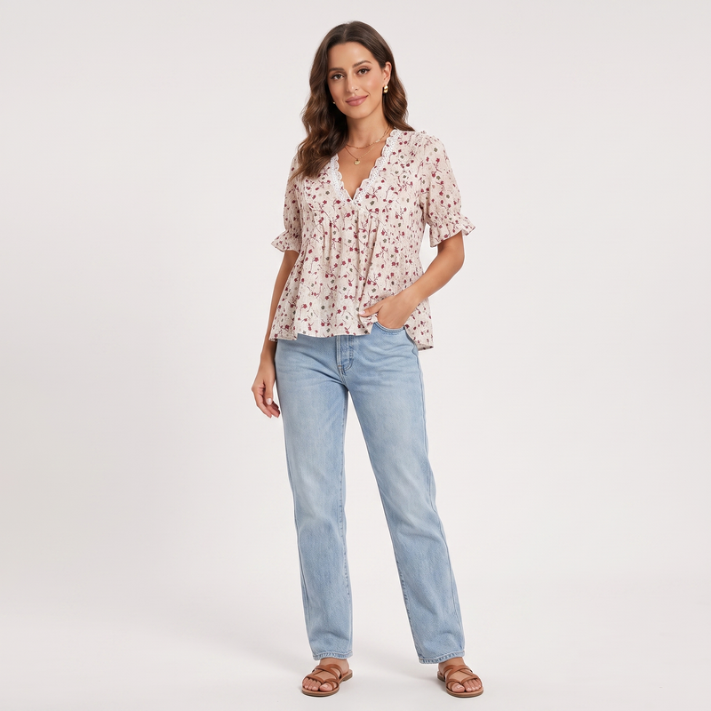 Floral Ruffle V-Neck Half Sleeve Relaxed Blouse | Crescia Collection 1