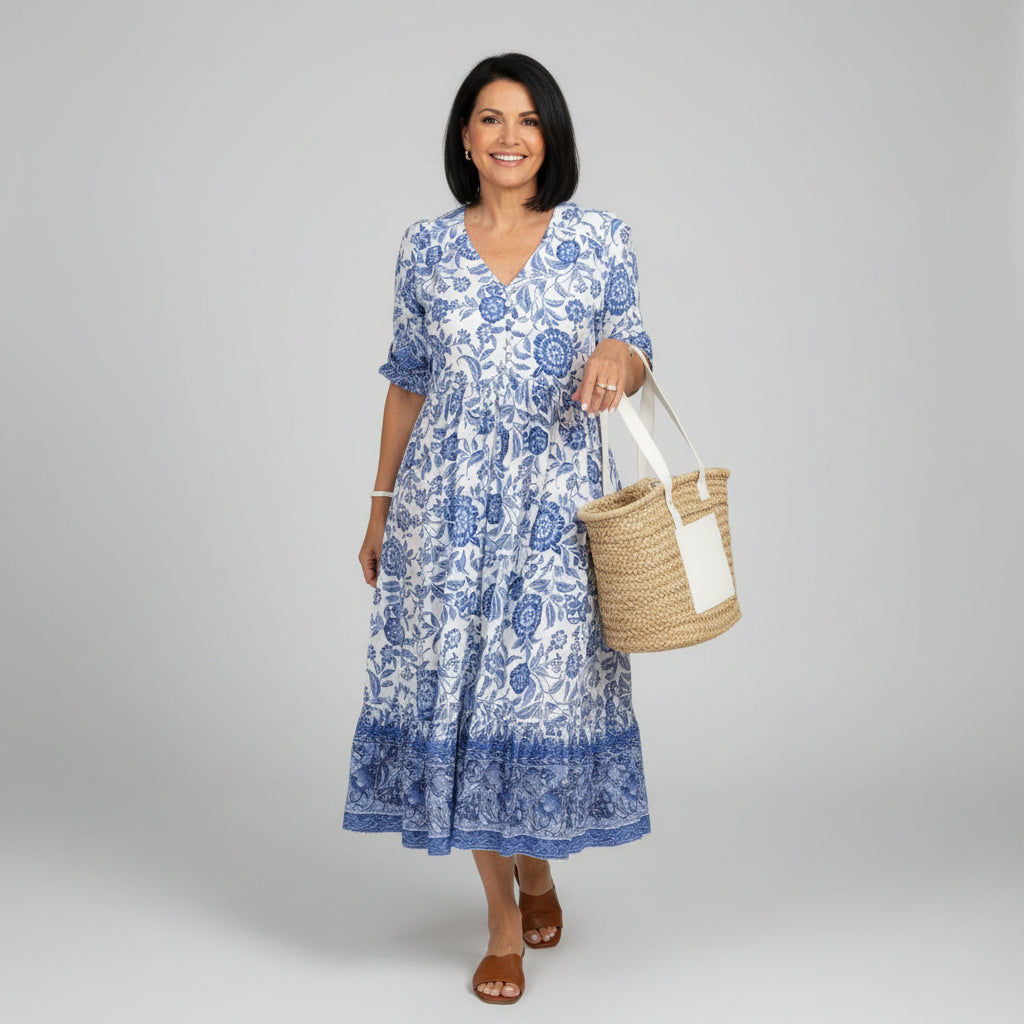 Floral V-Neck Three-Quarter Sleeve Tiered Midi Dress | Felisse Collection 0