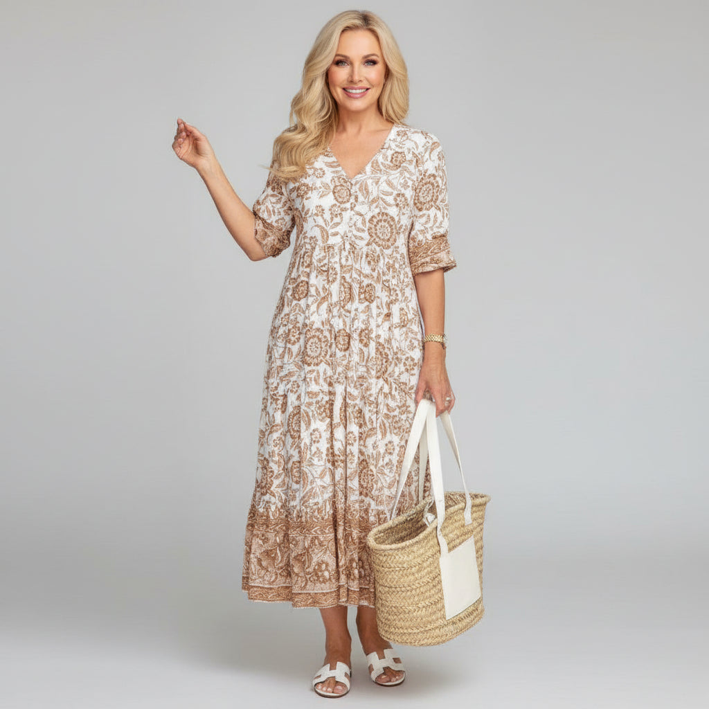 Floral V-Neck Three-Quarter Sleeve Tiered Midi Dress | Felisse Collection 1