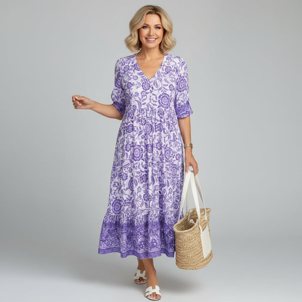 Floral V-Neck Three-Quarter Sleeve Tiered Midi Dress | Felisse Collection 2