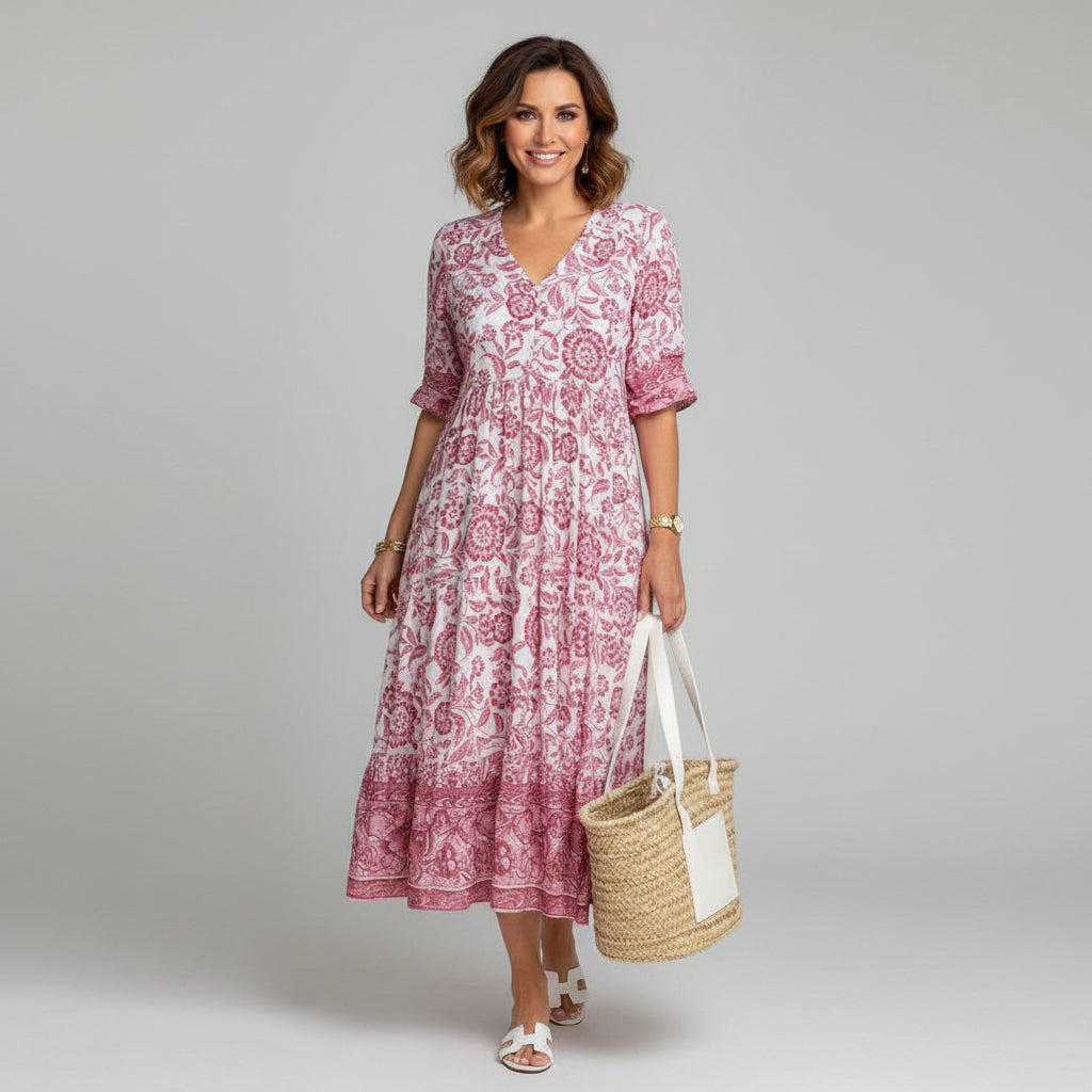 Floral V-Neck Three-Quarter Sleeve Tiered Midi Dress | Felisse Collection 3