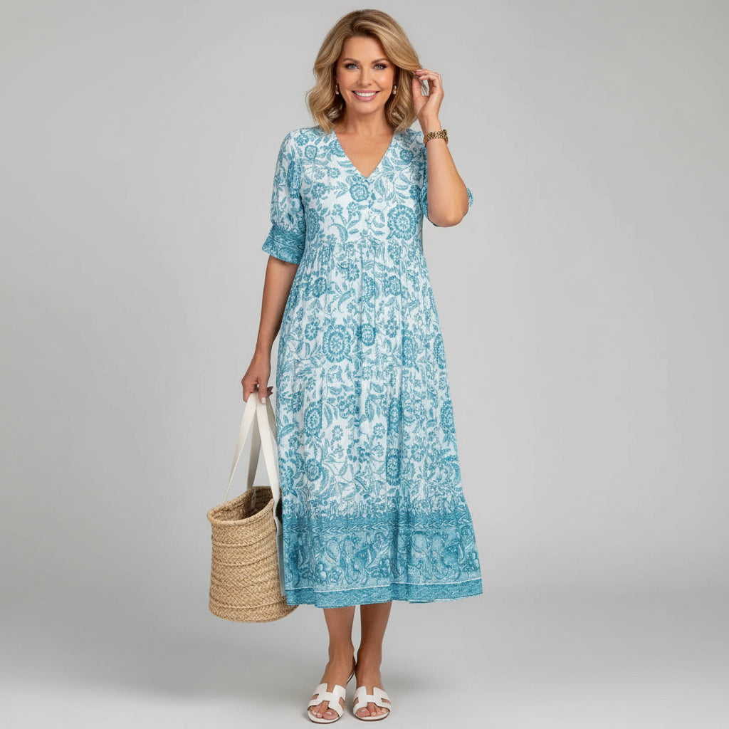 Floral V-Neck Three-Quarter Sleeve Tiered Midi Dress | Felisse Collection 4