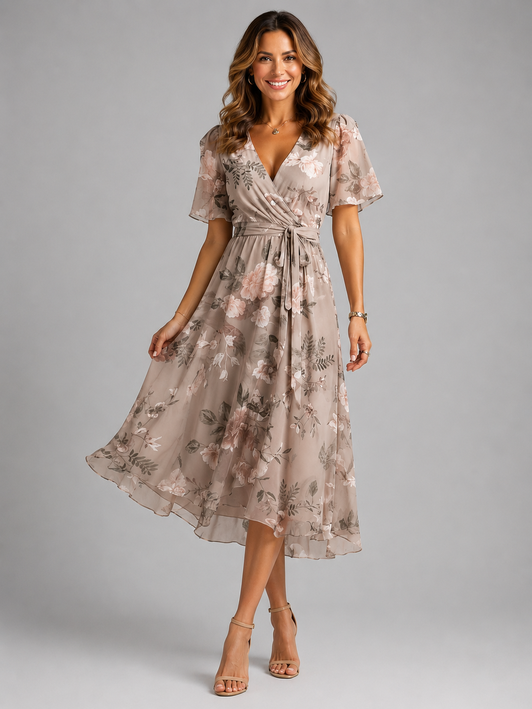 Floral Wrap V-Neck Midi Dress with Tummy Control | Felina Collection 0