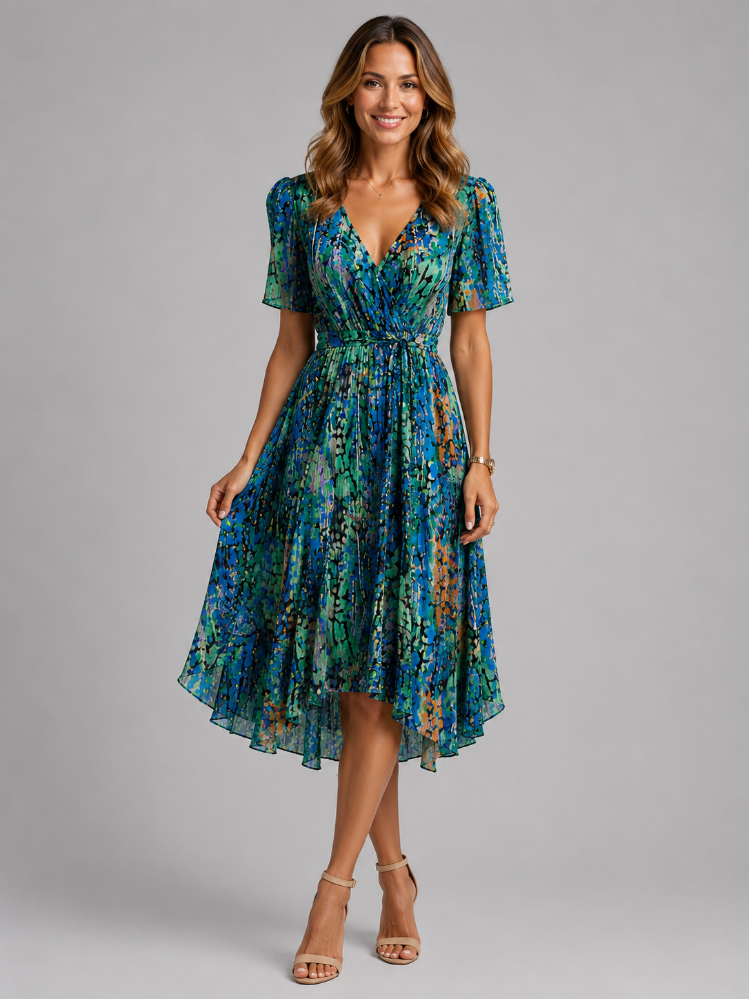 Floral Wrap V-Neck Midi Dress with Tummy Control | Felina Collection 3