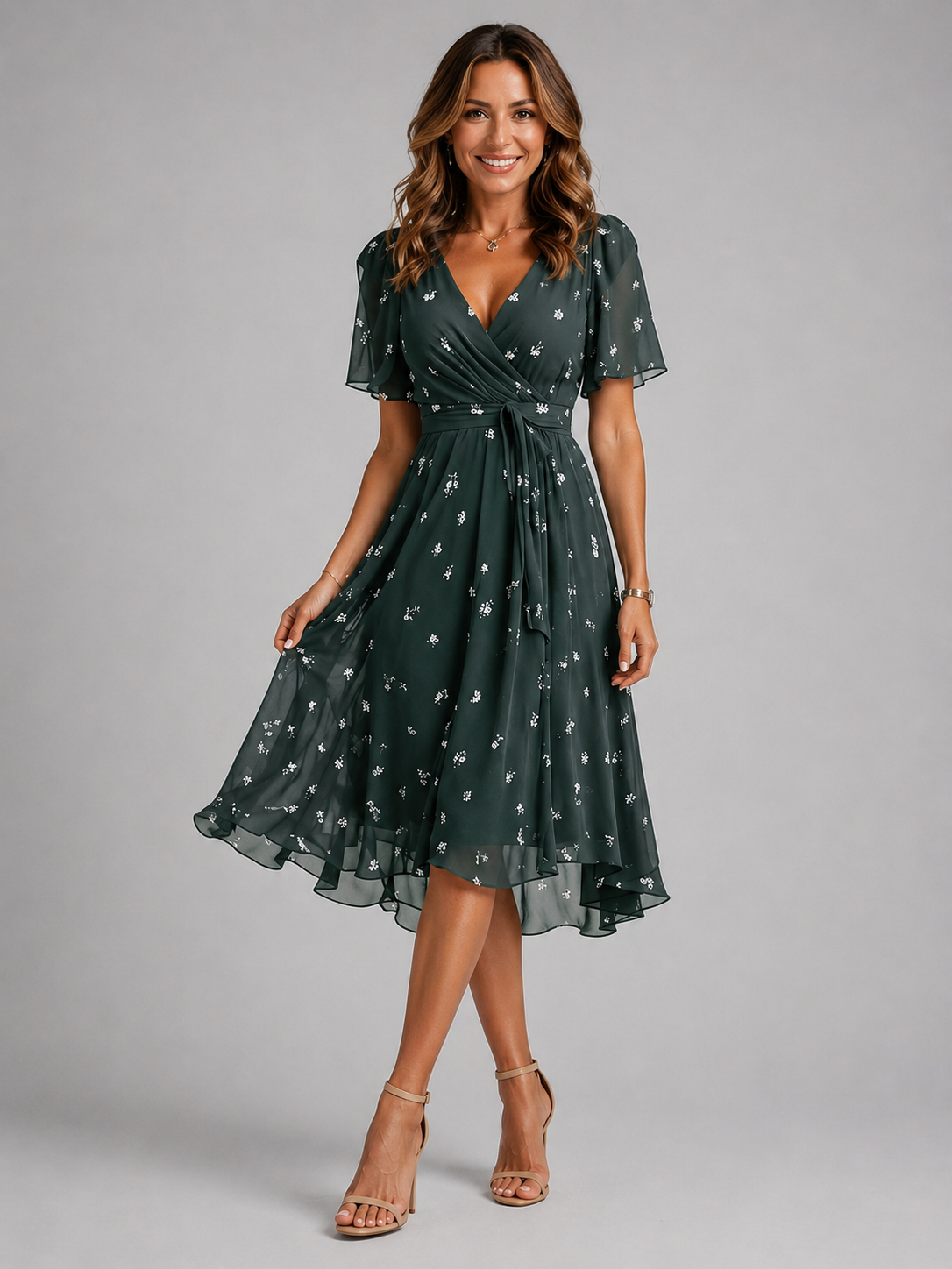 Floral Wrap V-Neck Midi Dress with Tummy Control | Felina Collection 6