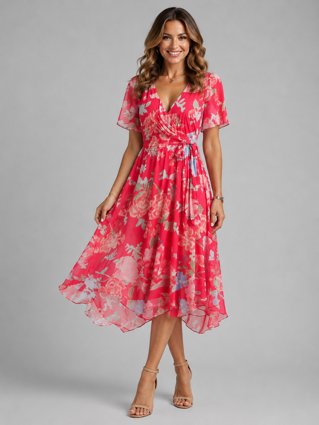 Floral Wrap V-Neck Midi Dress with Tummy Control | Felina Collection 9