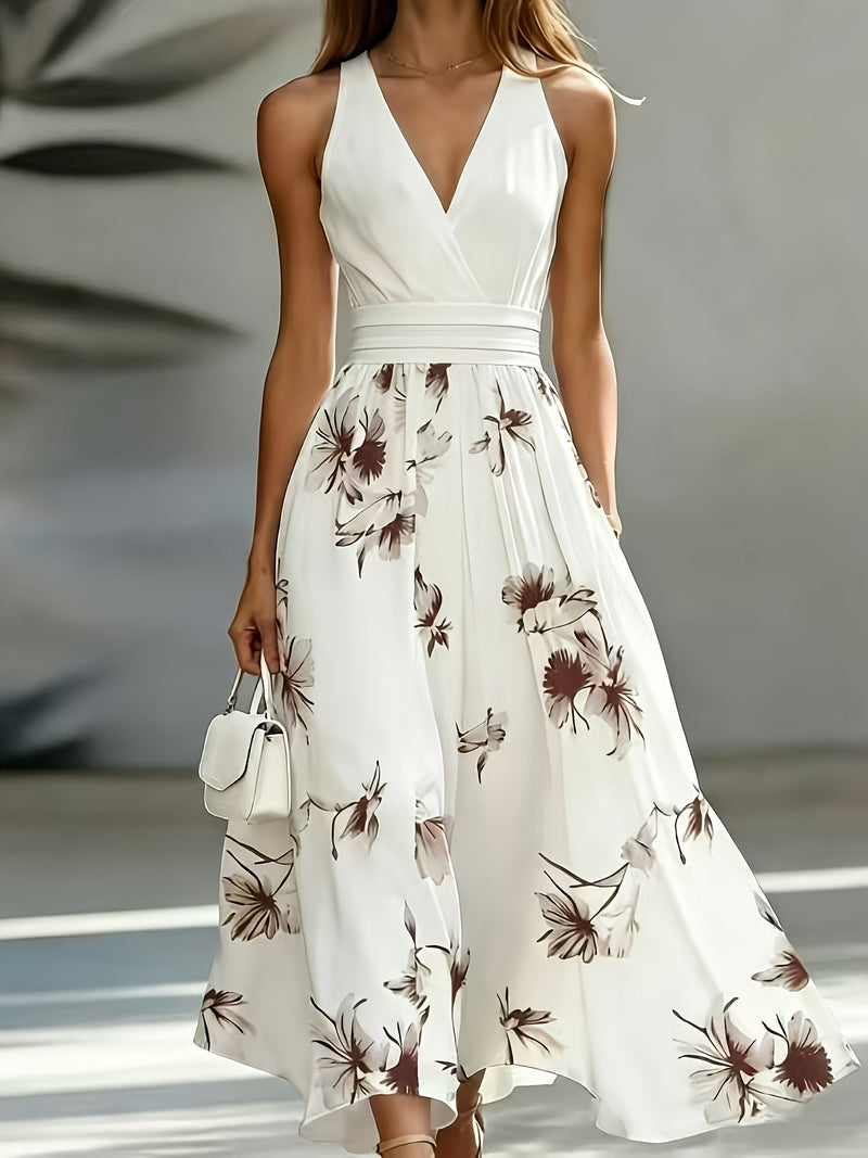 Geometric Print V-Neck Shirred Sleeve A-Line Midi Dress | Serene Collection 1