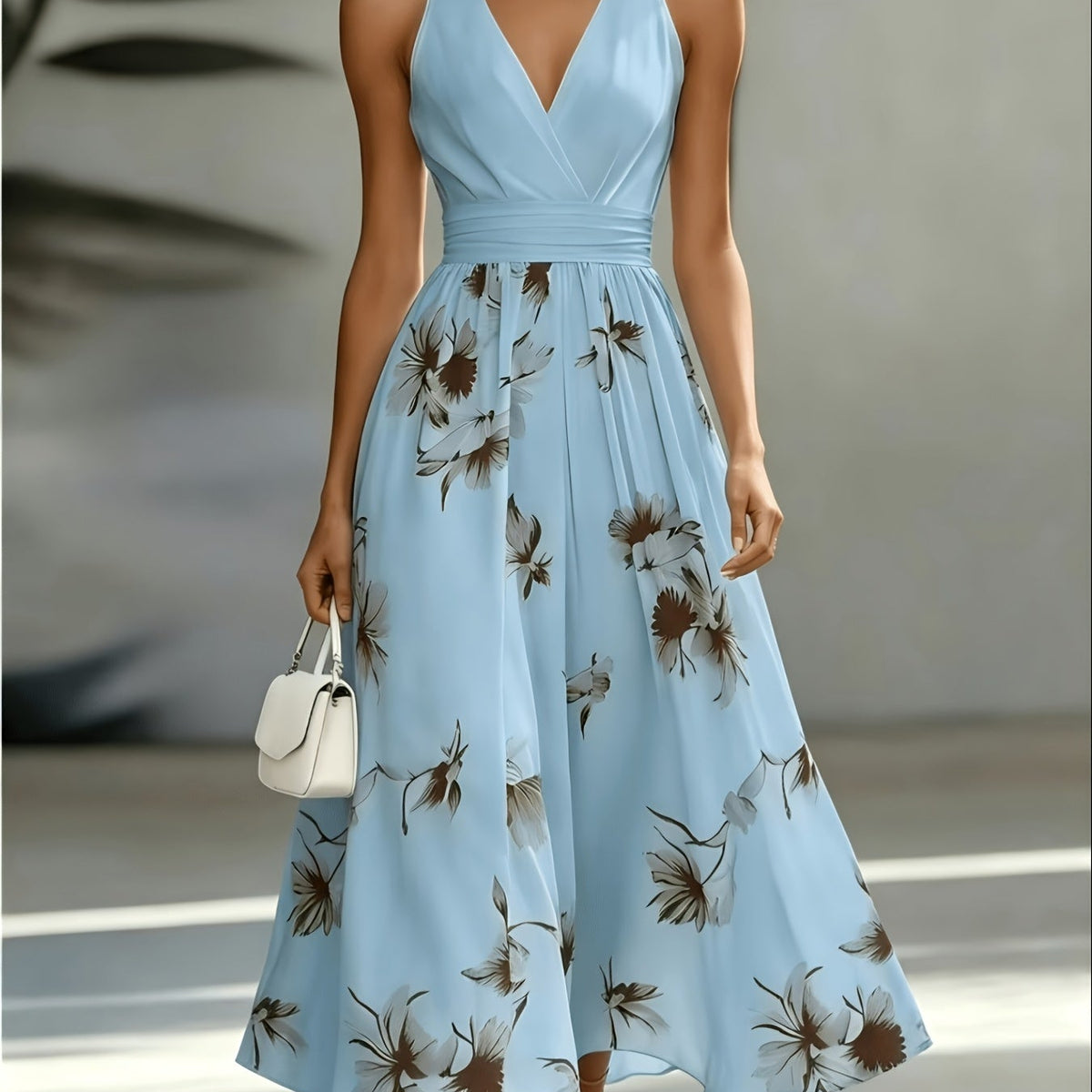 Geometric Print V-Neck Shirred Sleeve A-Line Midi Dress | Serene Collection 2