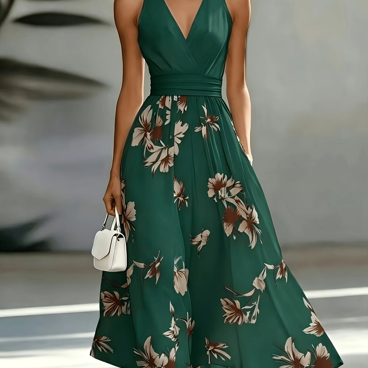 Geometric Print V-Neck Shirred Sleeve A-Line Midi Dress | Serene Collection 3