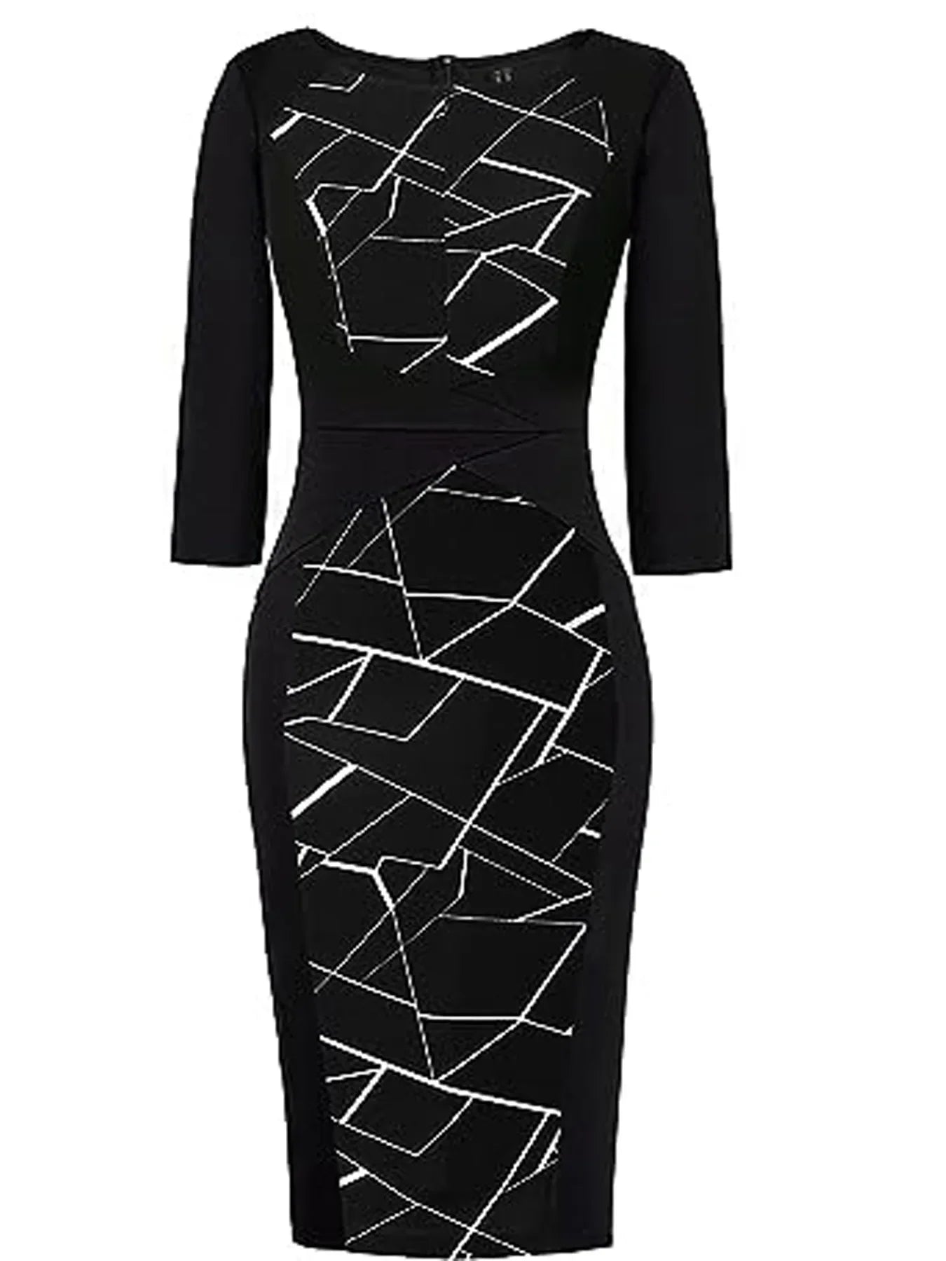 A black three-quarter sleeve bodycon dress featuring a white geometric line pattern across the bodice and skirt, shown against a plain white background.