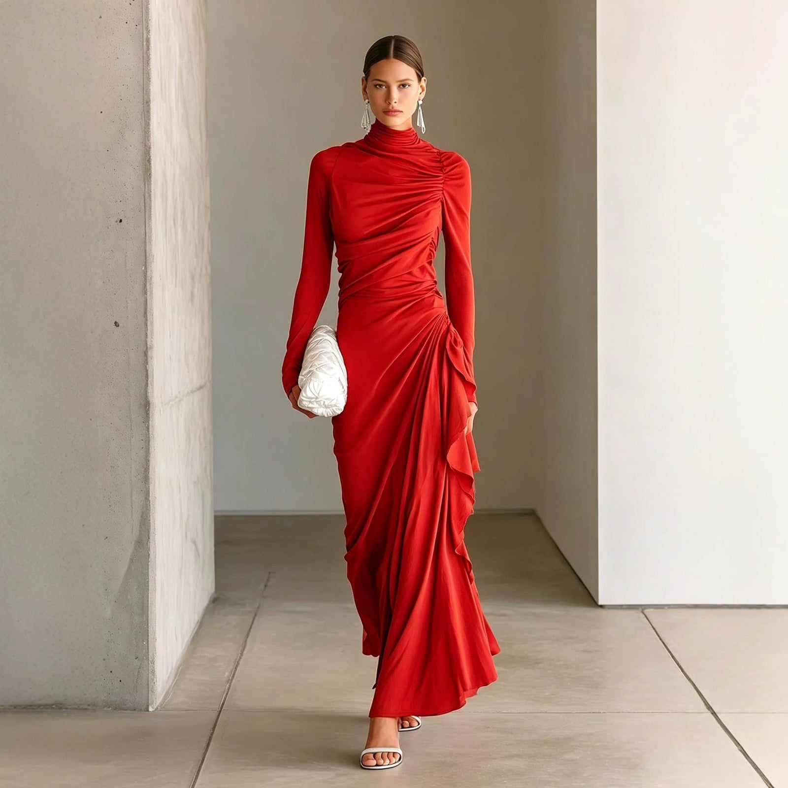 A woman models a long-sleeve, high-neck red dress with dramatic draped ruching and a gathered waist detail, holding a white textured clutch in a minimalist concrete-walled corridor.